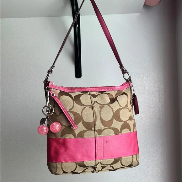 Coach Tan and Pink Signature Shoulder Bag - Picture 2 of 15